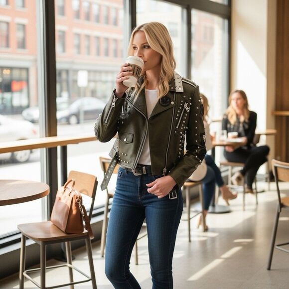 Blue B NWT Studded Vegan Leather Moto Jacket – Fantasy Rebel Look, Size Small - Picture 4 of 16